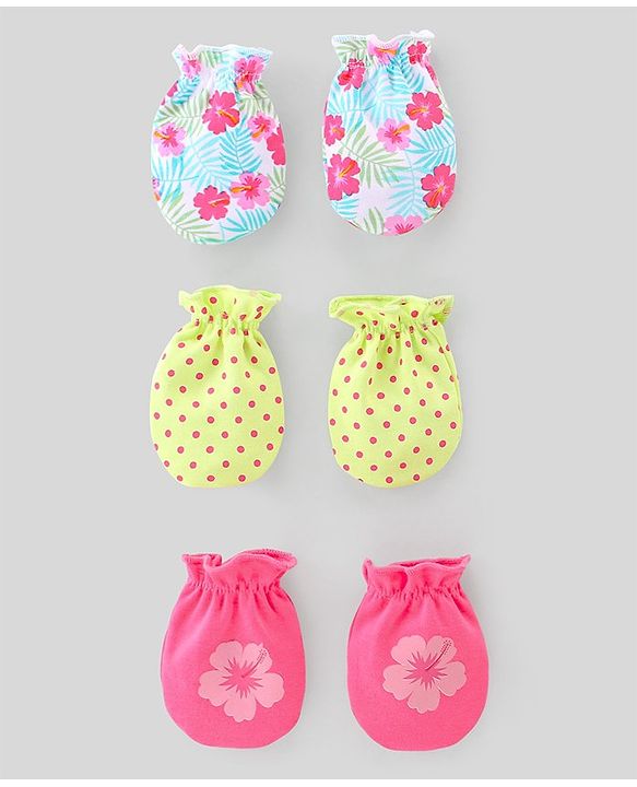 Babyhug 100% Cotton Knit Mittens Pack of 3 Floral Print - Multicolor