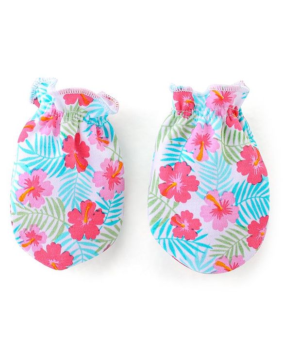 Babyhug 100% Cotton Mittens And Booties Floral Print- Multicolor