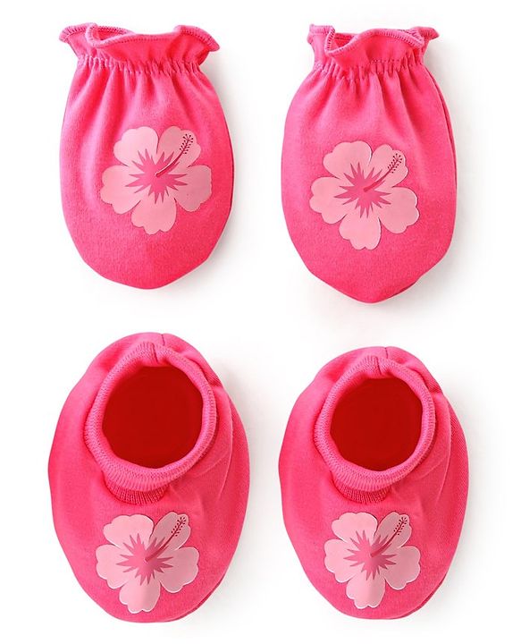 Babyhug 100% Cotton Knit Mittens & Booties Set Floral Print- Pink