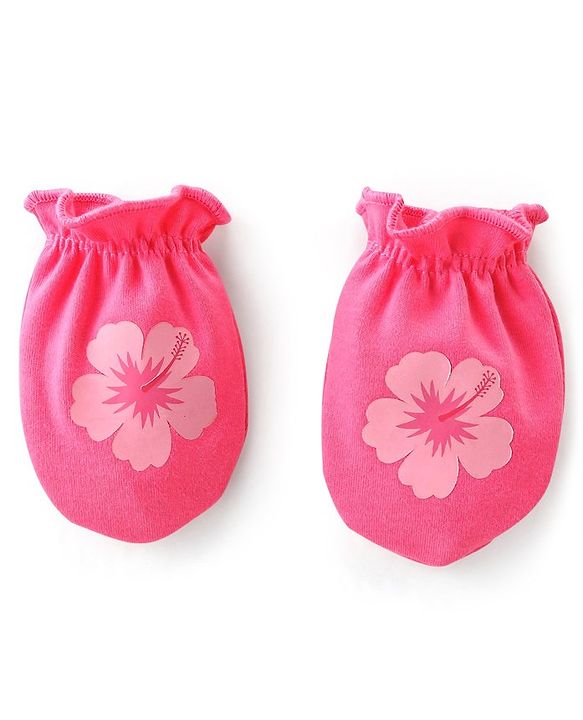 Babyhug 100% Cotton Knit Mittens & Booties Set Floral Print- Pink