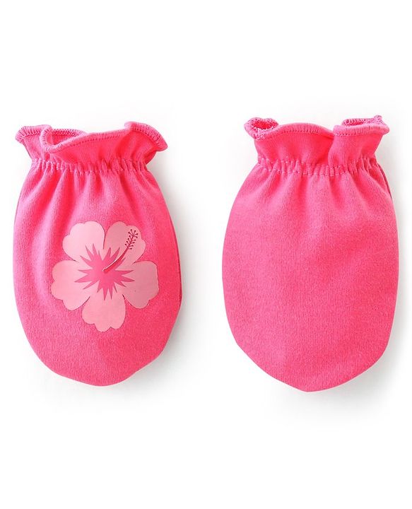 Babyhug 100% Cotton Knit Mittens & Booties Set Floral Print- Pink