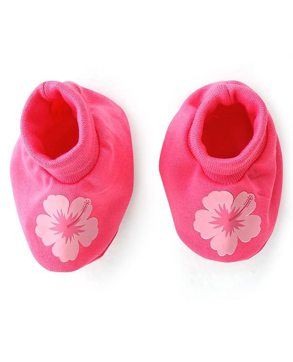 Babyhug 100% Cotton Knit Mittens & Booties Set Floral Print- Pink