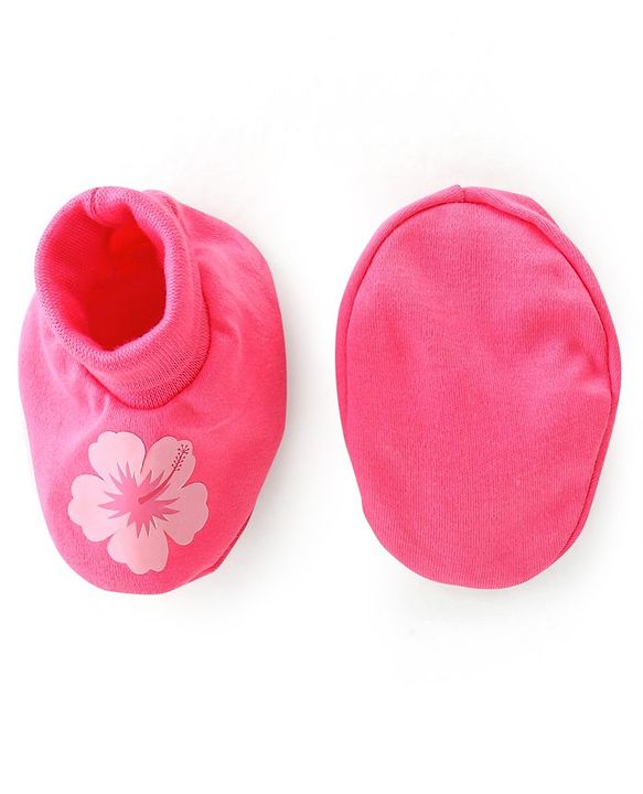 Babyhug 100% Cotton Knit Mittens & Booties Set Floral Print- Pink