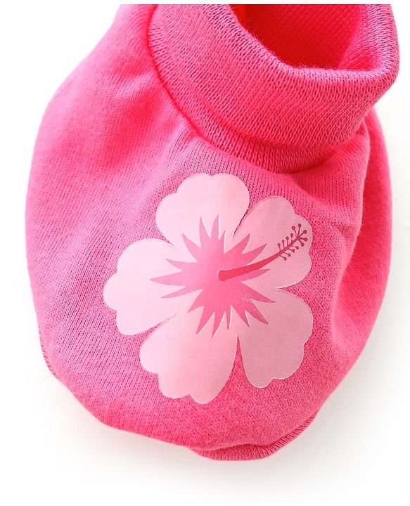 Babyhug 100% Cotton Knit Mittens & Booties Set Floral Print- Pink
