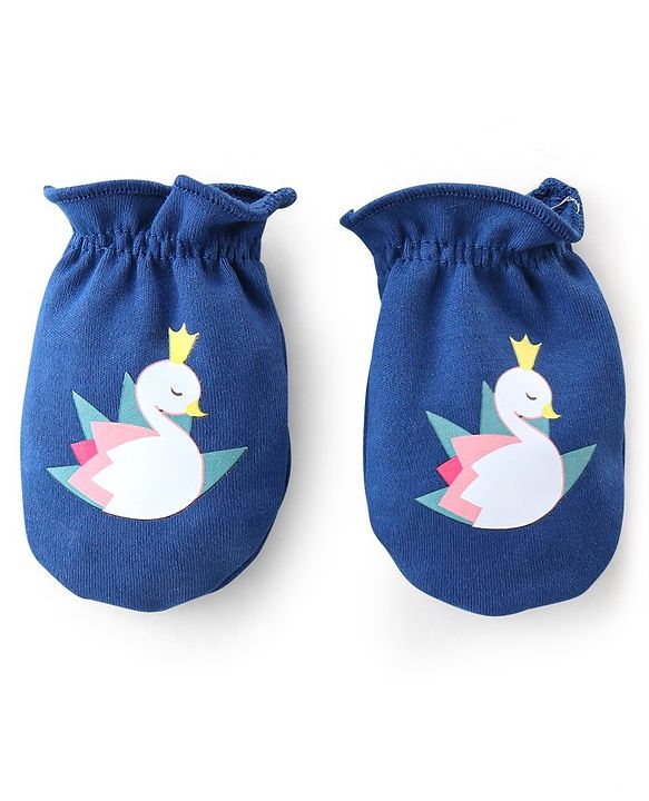 Babyhug 100% Cotton Mittens & Booties With Swan Print - Blue