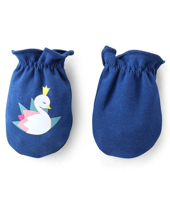 Babyhug 100% Cotton Mittens & Booties With Swan Print - Blue