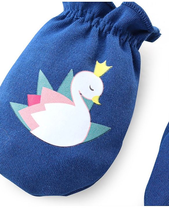Babyhug 100% Cotton Mittens & Booties With Swan Print - Blue