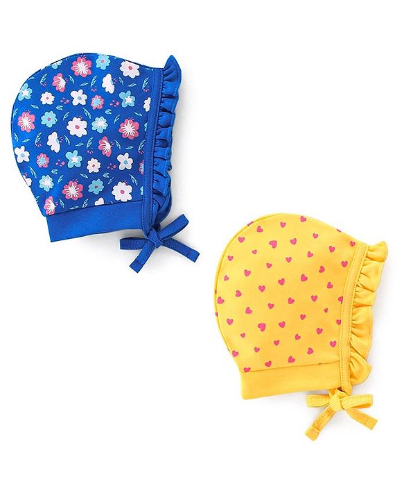 Babyhug 100% Cotton Bonnet Cap Floral Print Pack of 2 - Blue & Yellow