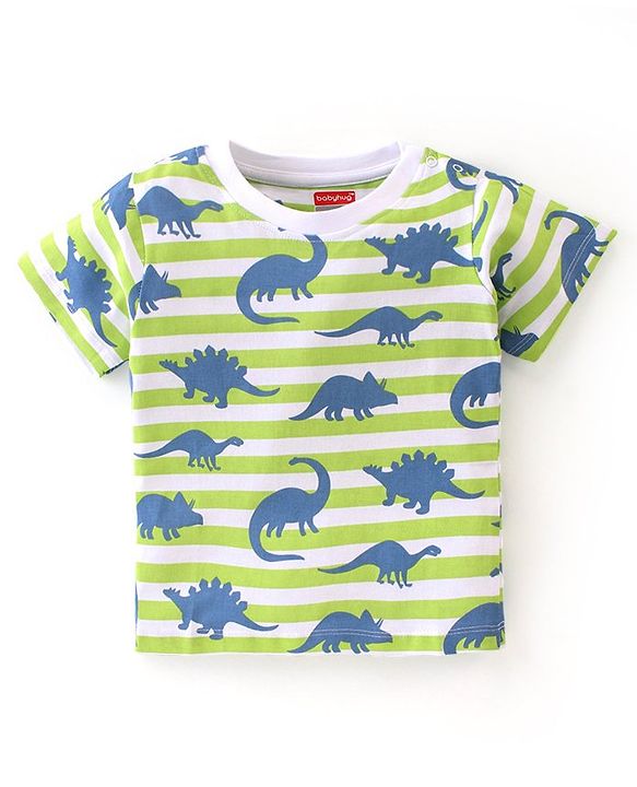 Babyhug Cotton Single Jersey Knit Half Sleeves Night Suit Stripes & Dino Print - Green & White