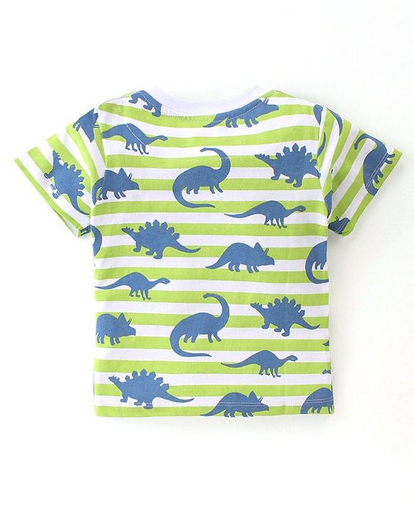 Babyhug Cotton Single Jersey Knit Half Sleeves Night Suit Stripes & Dino Print - Green & White