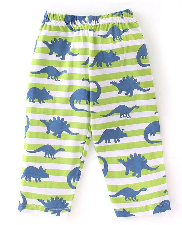 Babyhug Cotton Single Jersey Knit Half Sleeves Night Suit Stripes & Dino Print - Green & White