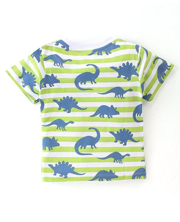 Babyhug Cotton Single Jersey Knit Half Sleeves Night Suit Stripes & Dino Print - Green & White