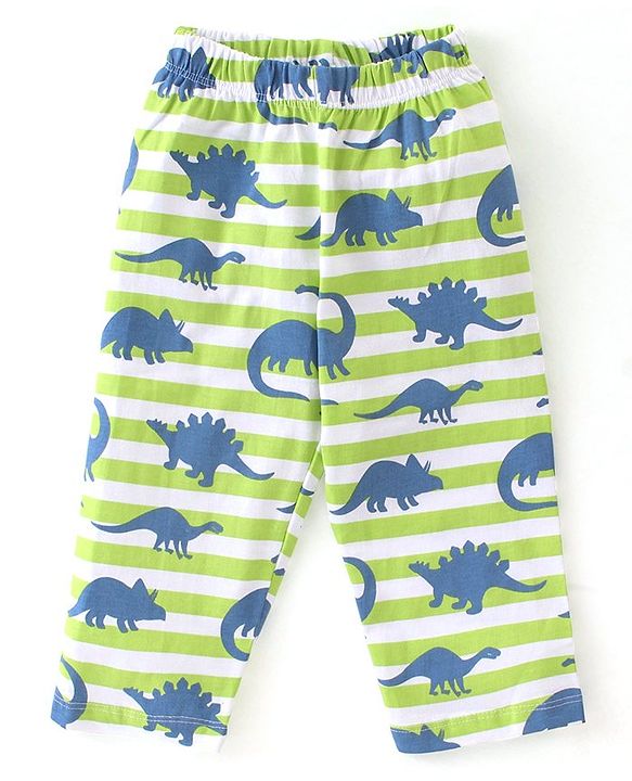 Babyhug Cotton Single Jersey Knit Half Sleeves Night Suit Stripes & Dino Print - Green & White