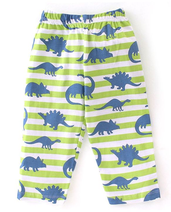Babyhug Cotton Single Jersey Knit Half Sleeves Night Suit Stripes & Dino Print - Green & White