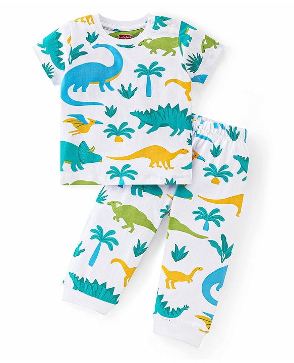 Babyhug Single Jersey Knit Half Sleeves Night Suit with Dino Print - White