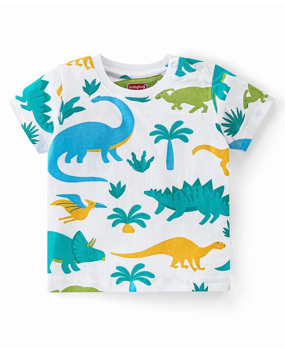 Babyhug Single Jersey Knit Half Sleeves Night Suit with Dino Print - White