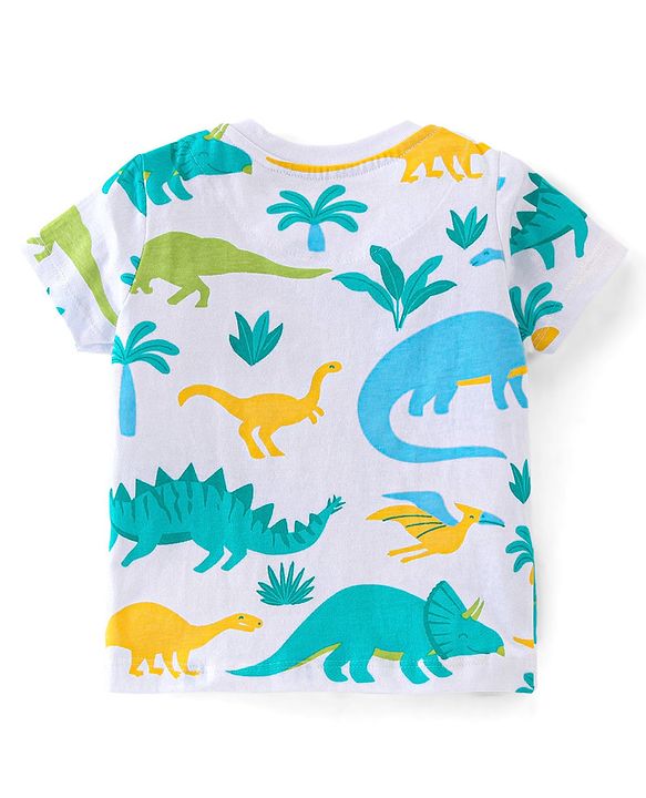 Babyhug Single Jersey Knit Half Sleeves Night Suit with Dino Print - White