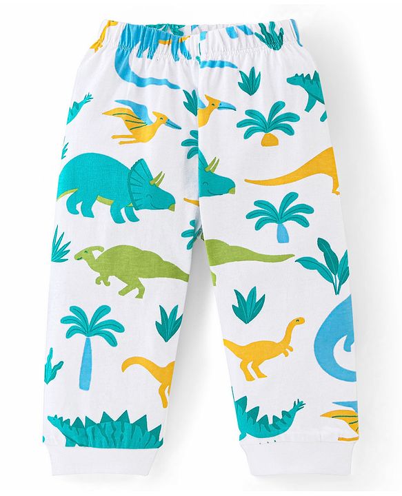 Babyhug Single Jersey Knit Half Sleeves Night Suit with Dino Print - White