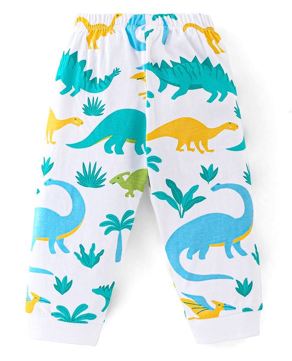 Babyhug Single Jersey Knit Half Sleeves Night Suit with Dino Print - White