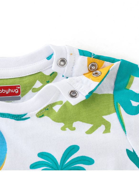 Babyhug Single Jersey Knit Half Sleeves Night Suit with Dino Print - White