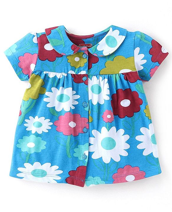Babyhug Cotton Knit Half Sleeves Night Suit With Floral Print - Blue