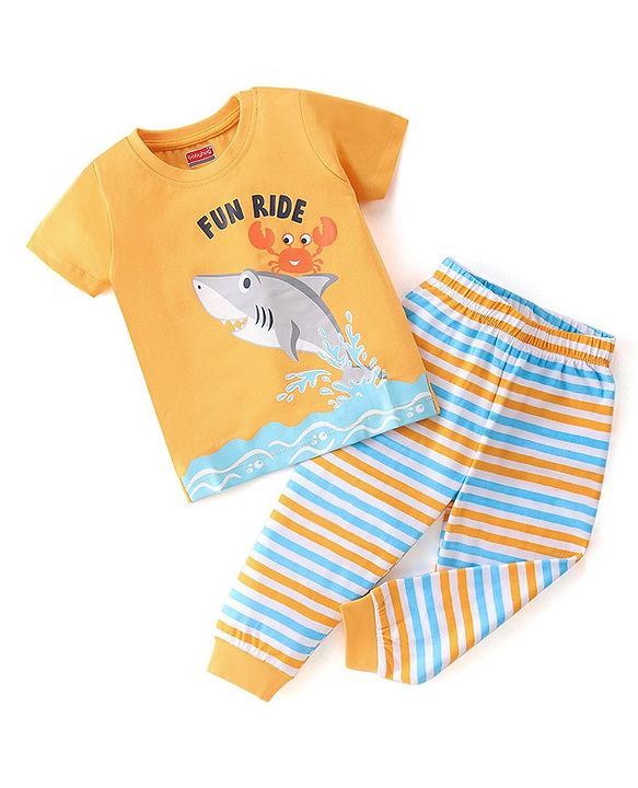 Babyhug Cotton Single Jersey Knit Half Sleeves Night Suit with Shark Print - Multicolor