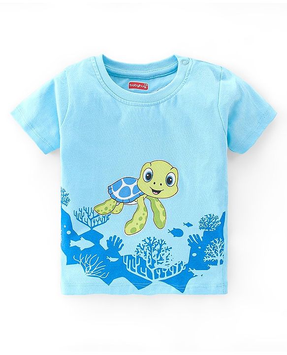 Babyhug Cotton Single Jersey Knit Half Sleeves Night Suit Stripes & Turtle Print - Blue