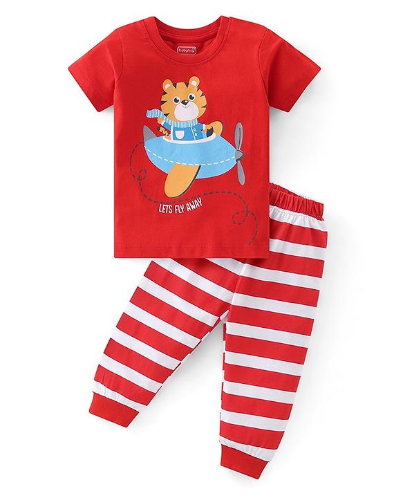Babyhug Cotton Knit Half Sleeves Night Suit With Kitty Print - Red