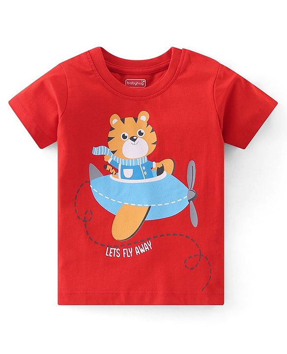 Babyhug Cotton Knit Half Sleeves Night Suit With Kitty Print - Red