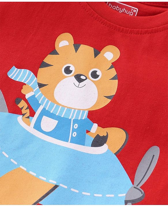 Babyhug Cotton Knit Half Sleeves Night Suit With Kitty Print - Red
