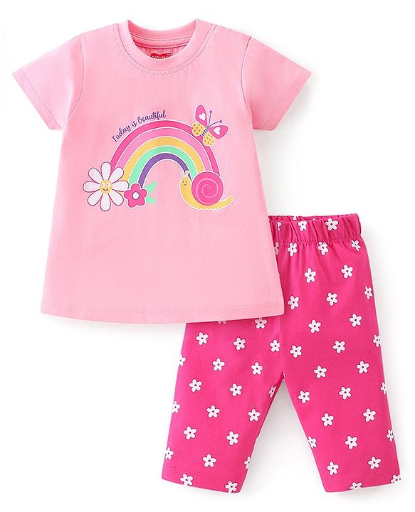 Babyhug Cotton Knit Half Sleeves Capri Night Suit With Rainbow Print - Pink