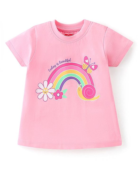 Babyhug Cotton Knit Half Sleeves Capri Night Suit With Rainbow Print - Pink