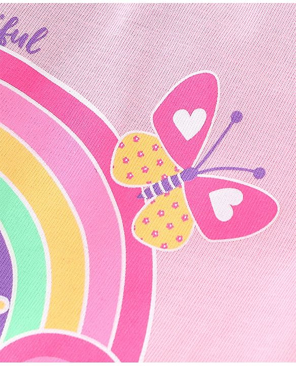 Babyhug Cotton Knit Half Sleeves Capri Night Suit With Rainbow Print - Pink