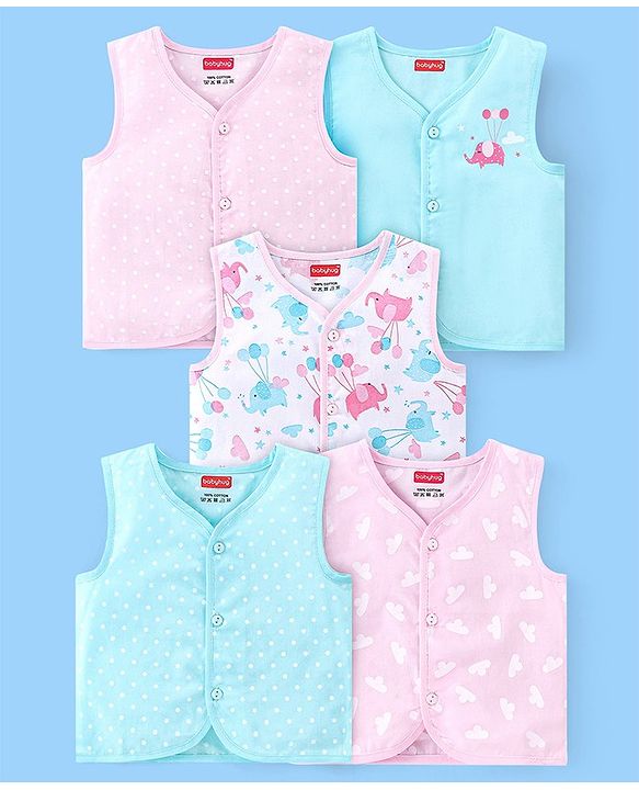 Babyhug 100% Cotton Front Open Sleeveless Jhablas Elephant & Polka Dots Print Pack of 5 - Multicolour