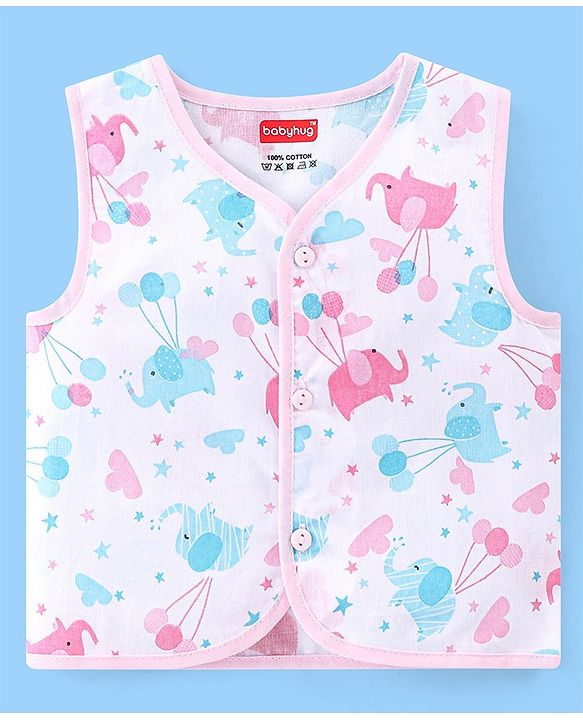 Babyhug 100% Cotton Front Open Sleeveless Jhablas Elephant & Polka Dots Print Pack of 5 - Multicolour