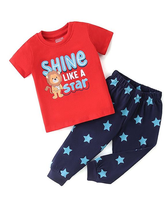 Babyhug Single Jersey Cotton Knit Half Sleeves Night Suit Lion Print - Red  & Navy Blue