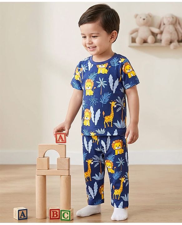 Babyhug Cotton Single Jersey Knit Half Sleeves Night Suit Jungle Safari Theme - Navy Blue