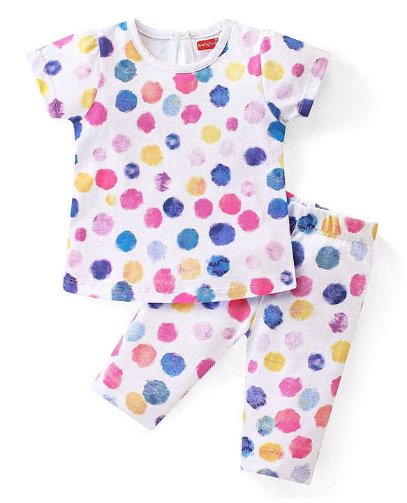 Babyhug Cotton Knit Single Jersey Half Sleeves Night Suit With Polka Dots - White