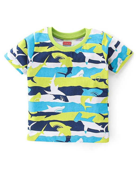 Babyhug Single Jersey Knit Half Sleeves Night Suit Shark Print - Multicolour