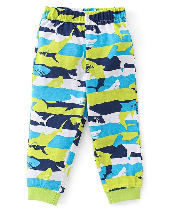 Babyhug Single Jersey Knit Half Sleeves Night Suit Shark Print - Multicolour
