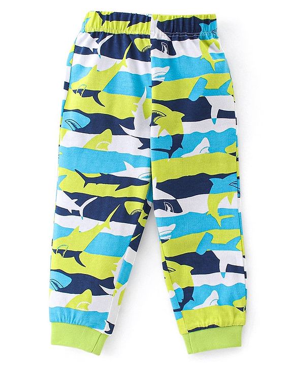 Babyhug Single Jersey Knit Half Sleeves Night Suit Shark Print - Multicolour
