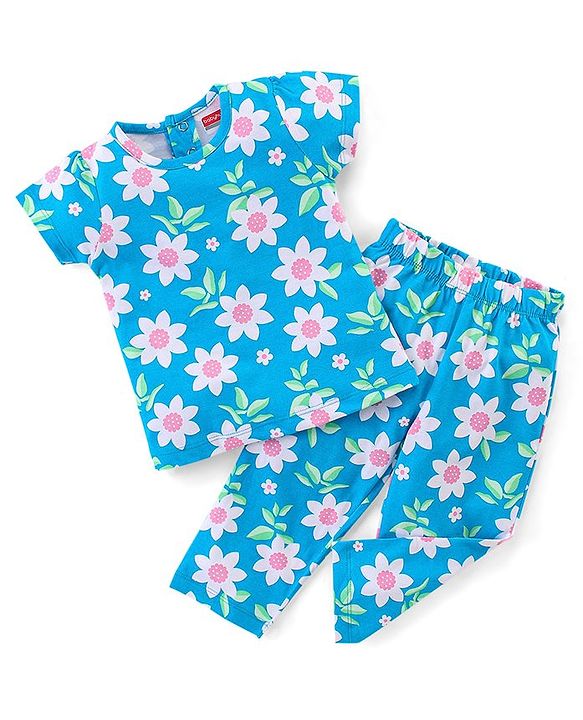 Babyhug Cotton Knit Single Jersey Half Sleeves Night Suit With Floral Print - Blue