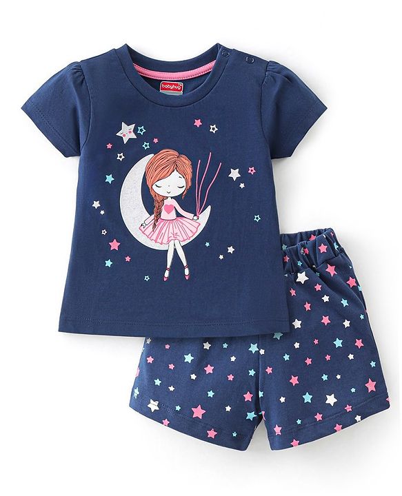 Babyhug Cotton Knit Half Sleeves Night Suit With Star Print - Navy Blue