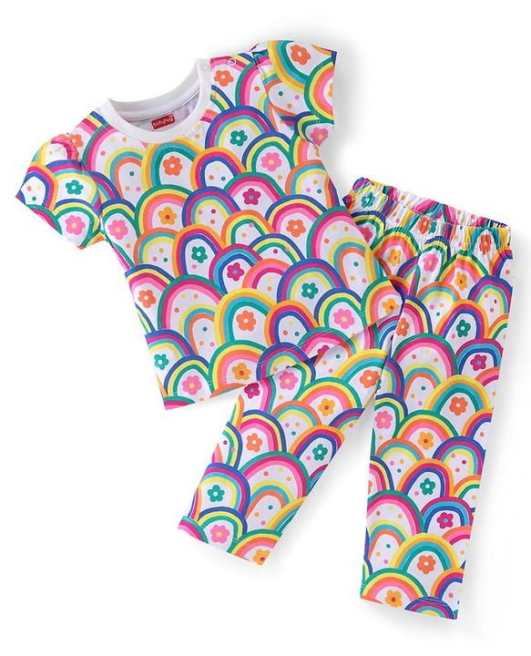 Babyhug Cotton Single Jersey Knit Half Sleeves Night Suit Floral Print - Multicolour