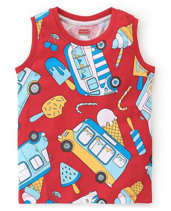 Babyhug 100% Cotton Knit Sleeveless T-Shirt With Ice Cream Print- Red
