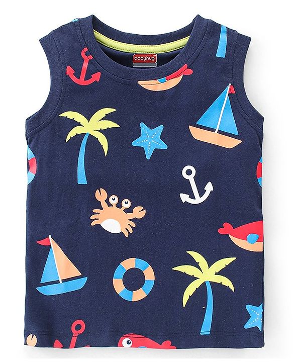 Babyhug 100% Cotton Knit  Sleeveless T-Shirt Boat Print - Blue