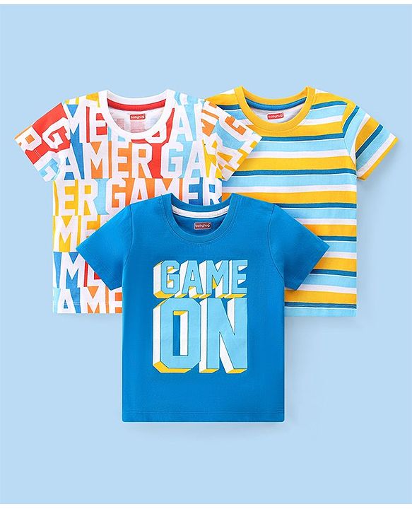 Babyhug 100% Cotton Knit Half Sleeves T-Shirt With Stripe & Text Graphics Pack Of 3 - Yellow & Blue