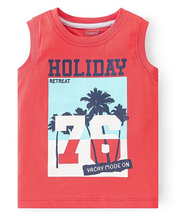 Babyhug Cotton Knit Sleeveless T-Shirt Beach Graphics Print - Red