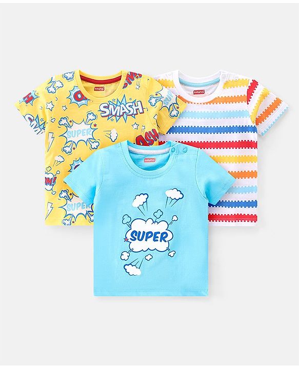 Babyhug 100% Cotton Knit Half Sleeves T-Shirt With Stripe & Text Graphics Pack Of 3 - Yellow & Blue