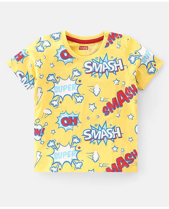 Babyhug 100% Cotton Knit Half Sleeves T-Shirt With Stripe & Text Graphics Pack Of 3 - Yellow & Blue